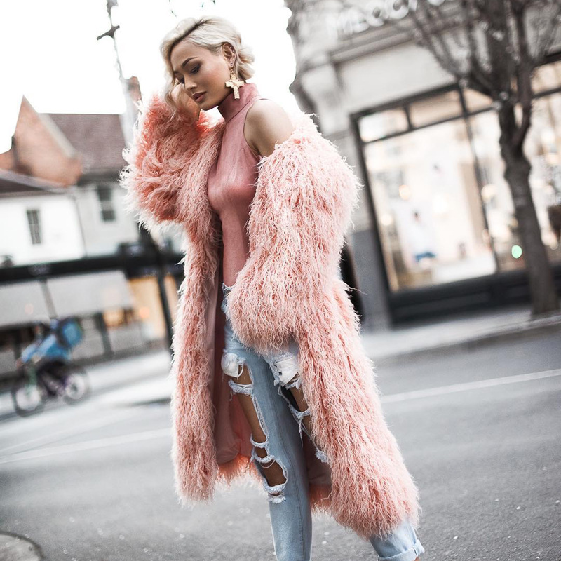 Womens Warm Long Sleeve Pink Faux Fur Coat Long Fluffy Coat